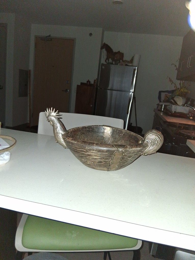 Spanish Colonial Wooden Bowl With Silver Rooster Finishes