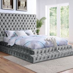 Brand New Glam Gray Step Up Platform Bed Queen Size
