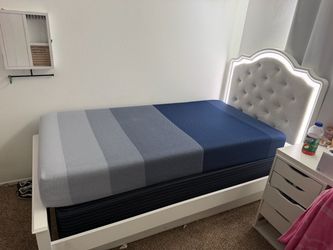 Twin Size White Tufted Upholstered Bed Frame With LED Backlit Headboard & LED Nightstand