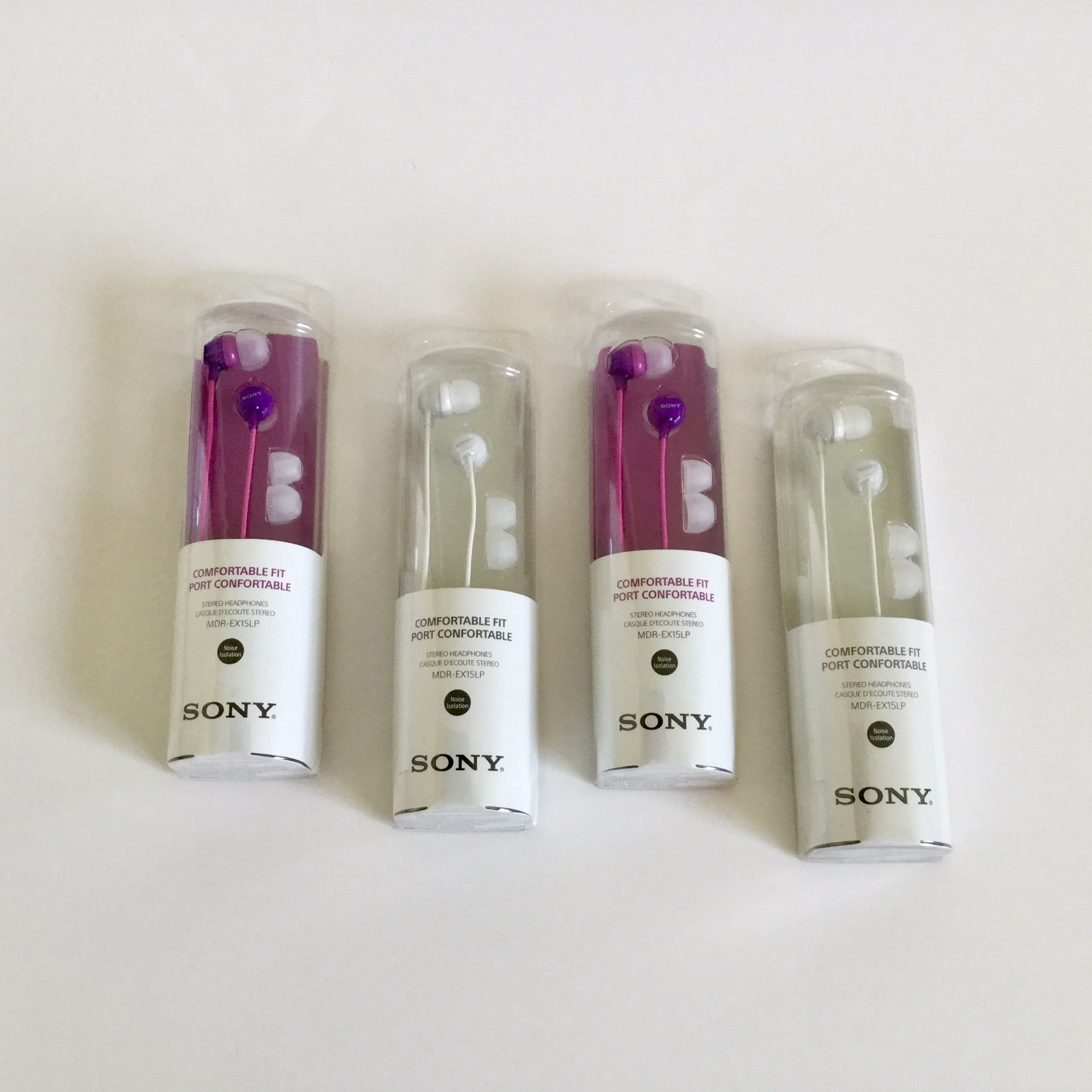 Two White and Two Purple Sony Earbuds MDR-EX15LP
