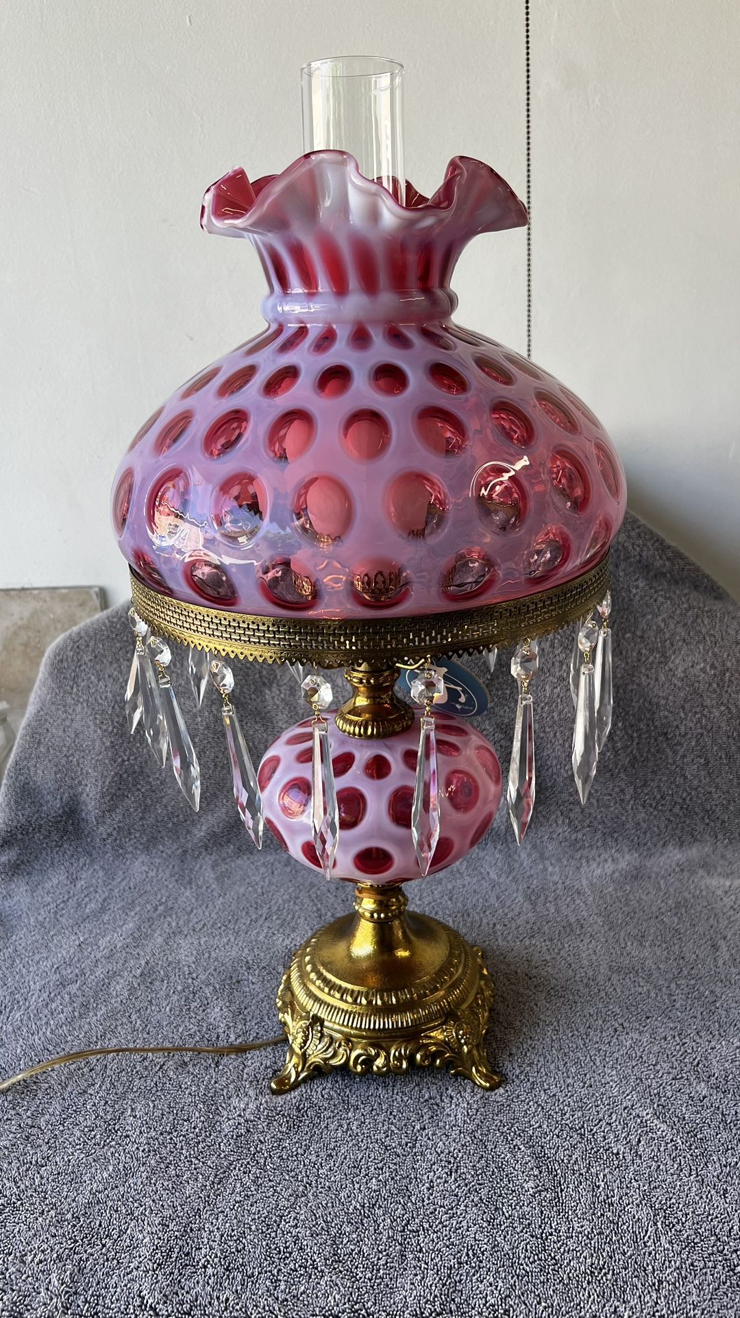 Vintage FENTON Cranberry COIN DOT Lamp w/ Crystals WORKS | Pink Hurricane Lamp