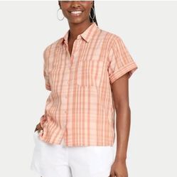 Women's Plaid Short Sleeve Button-Down Shirt - Universal Thread Coral Pink XXL