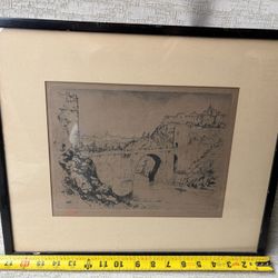 This is the "St. Martin's Bridge in Toledo", an original etching by the Czech artist Tavik František Šimon (1). The size of the print is about