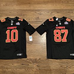 BNWT Chiefs Kelce and Pacheco Super Bowl LVIII Black Nike Game Jerseys FOR SALE!