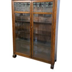  Antique Arts and Crafts Oak 5-Shelf Bookcase with Stained Glass Doors