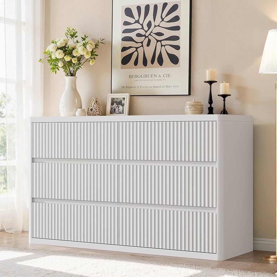 Y-White 6 Drawers Double Dresser, Fluted Dresser for Bedroom, Modern Chest of Drawers with Handleless, Curved Profile Dressers TV Stand, Wood Storage 