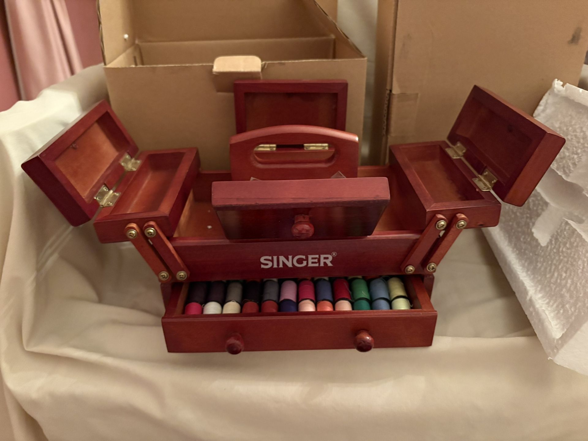 Wooden Fold Out Singer Sewing Box with Thread & Accessories