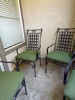 Set of 4 Wrought Iron Patio Chairs with Green Cushions