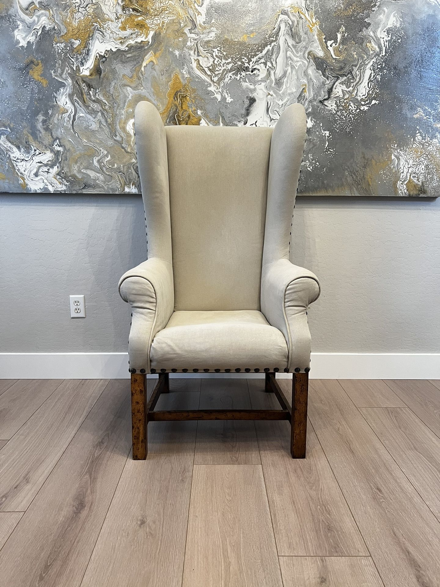 53” Tall Oversized Beige Linen Nailhead French Chateau Wingback Lounge Chair