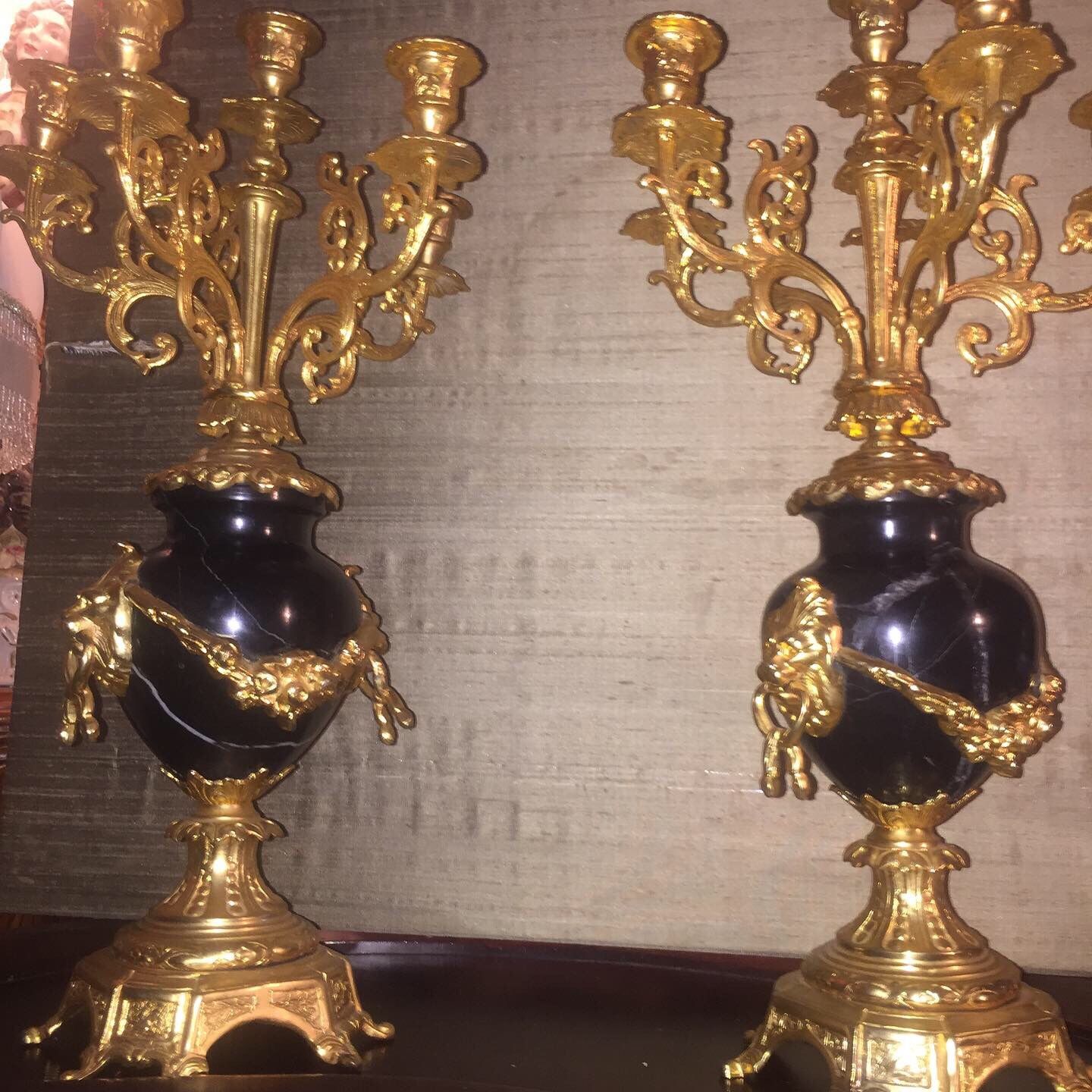 Italian Pair Of Bronze And Marble Candelabra