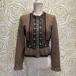 Nanette Lepore Embroidered Brown Jacket with Floral Accents