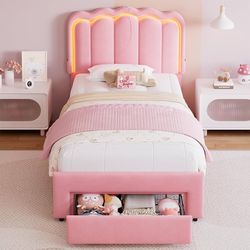 Twin Upholstered LED Bed Frame with Storage Drawer and Adjustable Chic Double Wavy Headboard, Velvet Princess Platform Bed for Girls/Kids, Solid Wood 