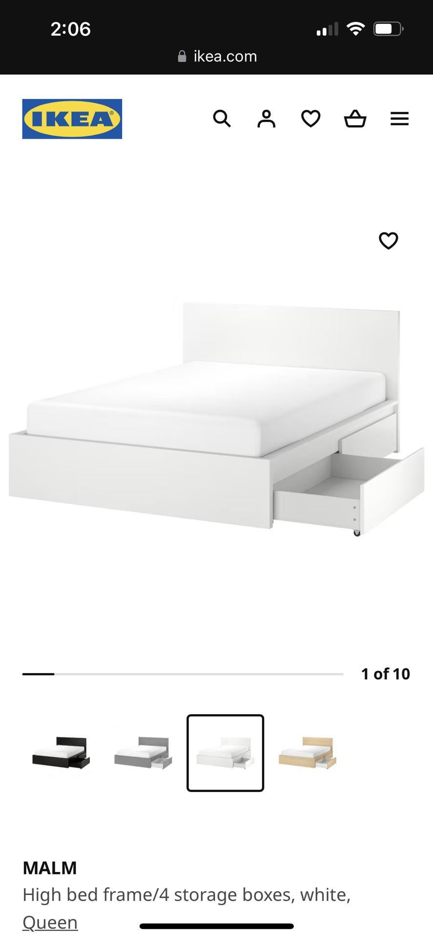 MALM High bed frame/4 storage boxes, white, Queen