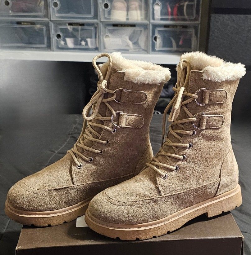 Tan Faux Suede Winter Boots w/ Faux Fur Lining – Size 38(US Women’s 7.5
