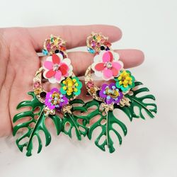 Gold long green leaf chandelier drop dangle women's earrings gift