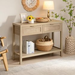 Rattan Console Table for Entryway - Boho Entryway Table with Storage and Drawers, Small Entry Tables for Hallway Behind Couch Table Sofa Table