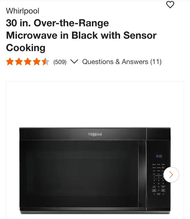 Whirlpool 30" Over the range Black microwave