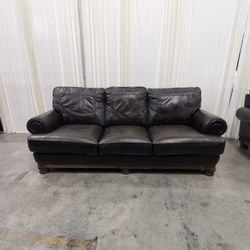 Dark Brown Leather Three-Seat Sofa with Rolled Arms