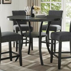 Brand New Counter Height 5pc Round Dining Set With Charcoal Gray Linen Fabric Nail Studded Chairs 
