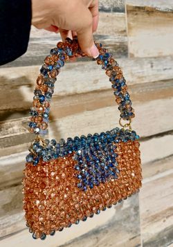 Handmade Crystal Beaded Mini Bag  Blue & Champagne Bead Purse, Elegant Evening Bag