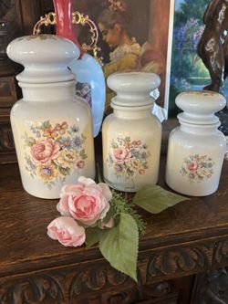 Shabby Chic Cottage Blue Pink Floral Canisters Set Of 3