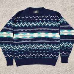 Aspen Lid Men Wool Blend Sweater Size Large Blue Geometric Knit Après Ski Retro 