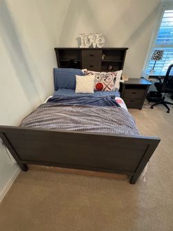 Full size bed, night stand, and mattress