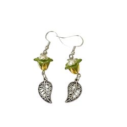 Green Flower Pearl Dangle Earrings Silver Tone Filigree Fall Leaf  Boho Handmade