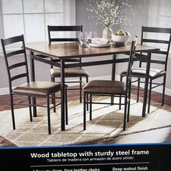 New In Box Dining Table Steel Frame With Faux Leather Chairs (4)