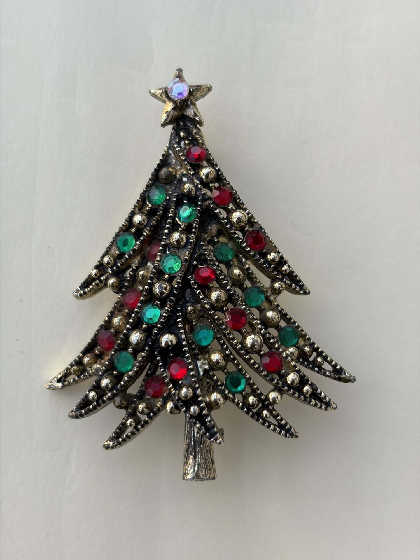 Vintage Hollycraft Colorful Christmas Tree Pin / Brooch 2.25” Gold-tone