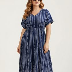 Striped Waist-Cinched Dolman Sleeve Midi Dress