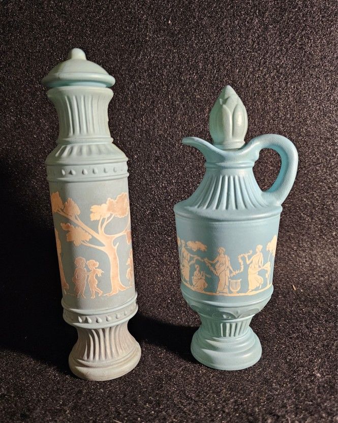 Two Avon Vintage 1979 Wedgewood Jasperware Style Cologne Decanters.