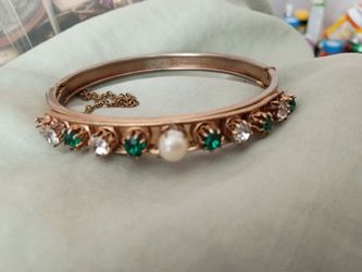 Gold-Tone Bangle Bracelet with Stones and Pearl