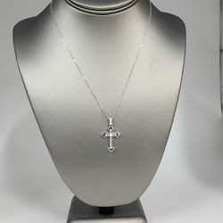 Elegant 925 Sterling Silver Cross Pendant Necklace With Baguette CZ And Blue Sapphire Accents 