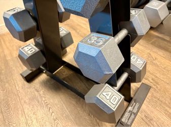 Hex Cast Iron Dumbbells in NEW Condition pairs from 10s to 40s. Total: 350 lbs [NO RACK INCLUDED]