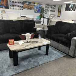 Black/ Gray Plush Fabric Sofa & Loveseat Set For Sale ( Multiple Colors Available ) New 