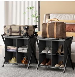 Luggage Rack for Guest Room, Set of 2, Folding Suitcase Stand with Fabric Storage Shelf, Luggage Holder, Steel Foldable Luggage Stand for Guest Room, 