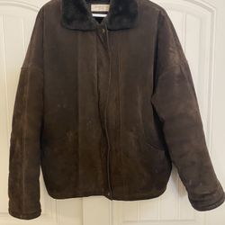Jones New York Sport Men’s Sz M Shearling Style Brown Suede Leather Coat Faux Fur Lining & Collar