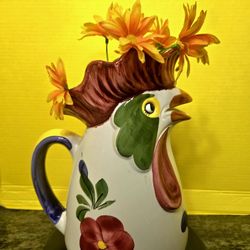 Vintage Ceramic HandPainted Rooster Pitcher Italian Art Pottery 12"