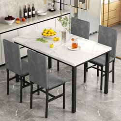 Dining Table Set for 4, 5-Piece Modern Dining Room Table Set with 4 Velvet Chairs, Marble Kitchen Table and Chairs Set