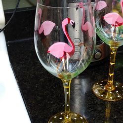 Pink Flamingo Hand Painted Wine Glasses