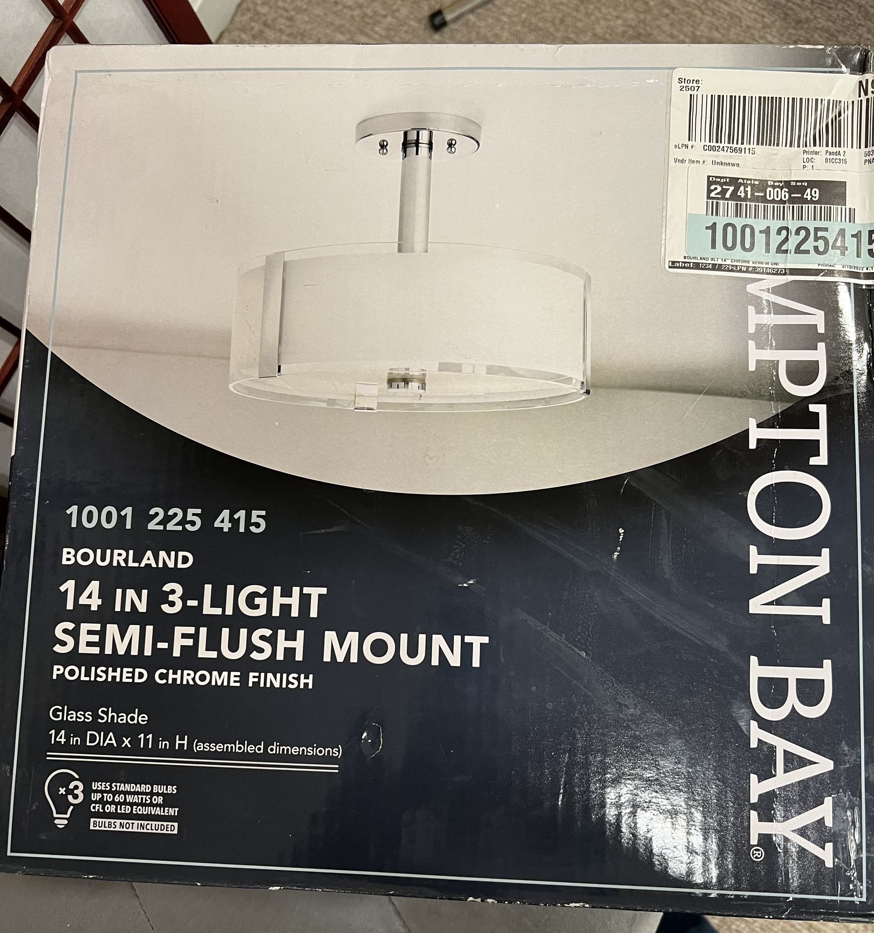 New - Bourland 14 in. 3-Light Polished Chrome Semi-Flush Mount Ceiling Light Fixture