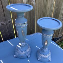 Dark Teal Pair Candle Holders With Silver Rub 