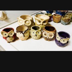 Set Of 7 Owl Ceramic Succulent Plant Pot Container Vase  Planter Jar