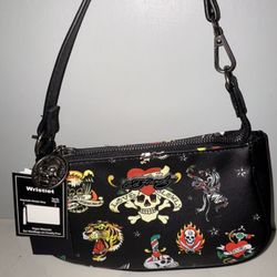 NWT Ed Hardy black shoulder bag wristlet with assorted tattoo graphics