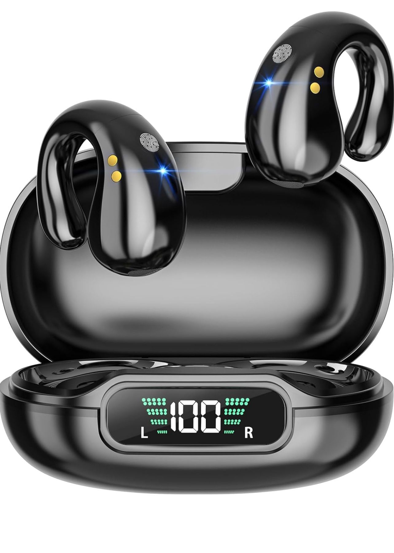 Brandnew Open Ear Clip Headphones, Wireless Earbuds Bluetooth 5.3 Sports Earphones Built-in Mic with Ear Hooks, 36H Playtime Charging Case LED Display