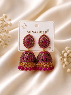 Gold Tone Dangle Earrings with Pink Stones