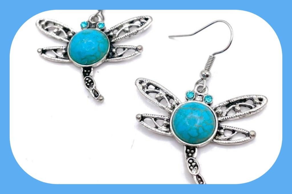 New Beautiful Turquoise Rhinestone Dragonfly Earrings