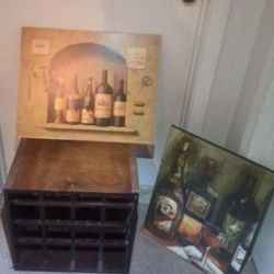 16 BOTTLE ALL WOOD WINE RACK AND TWO BOTTLES OF WINE PICTURES