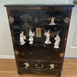 1950s Chinese Black Lacquer Cabinet With Hardstone Mounts and Mother-of-Pearl Inlay